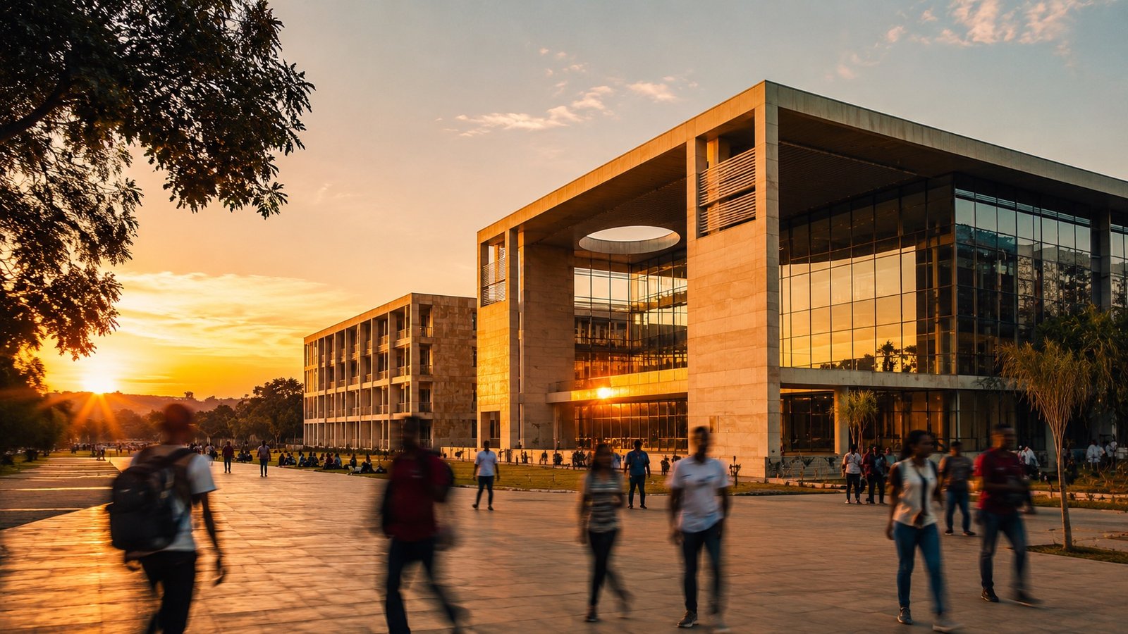 Campus universitaire au coucher du soleil